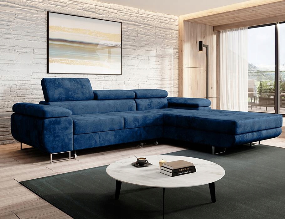 Rohová Sedací Souprava s rozkládacími opěrkami hlavy Norberg v tmavě modré velurové barvě.