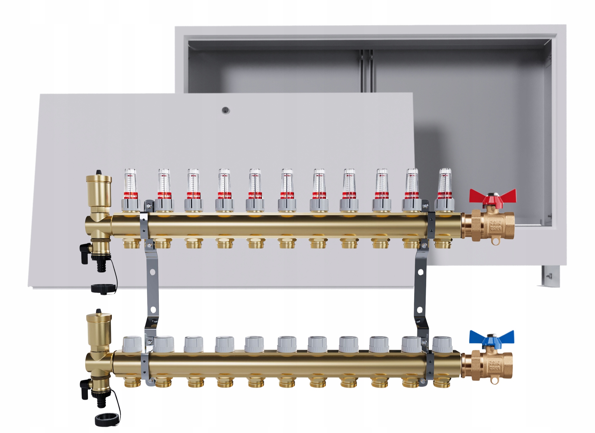 Rozdělovač podlahových krytin mosazný 11 okruhů Podomítková skříň Jednoduchý ventil