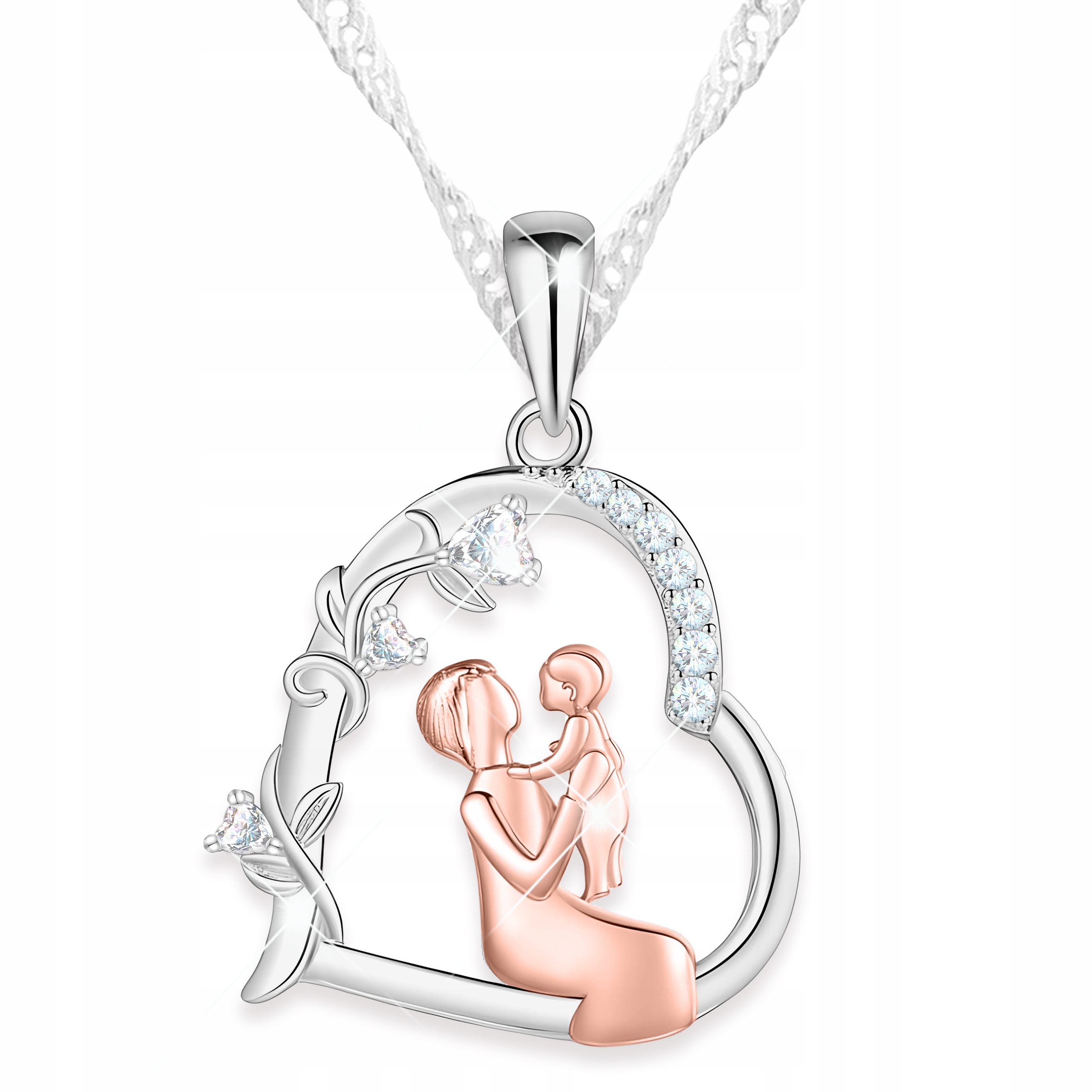 Stříbrný náhrdelník 925 Srdce Matka s dítětem Srdíčko Větvička Zirkony