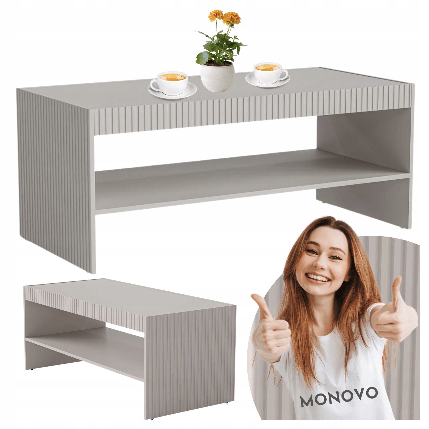 Ryflowany Stolik Kawowy Ława z Półką do Salonu Loft Boho Kaszmir Beż Paxos