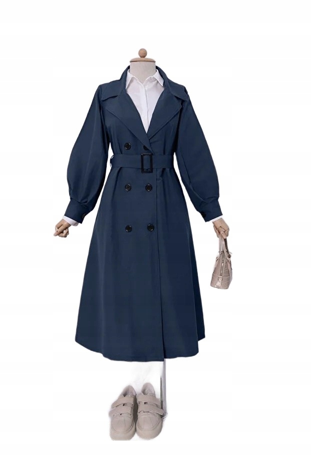 Modamorfo Klasický Dámský Dvouřadý Tmavě Modrý Kabát S Páskem 5F