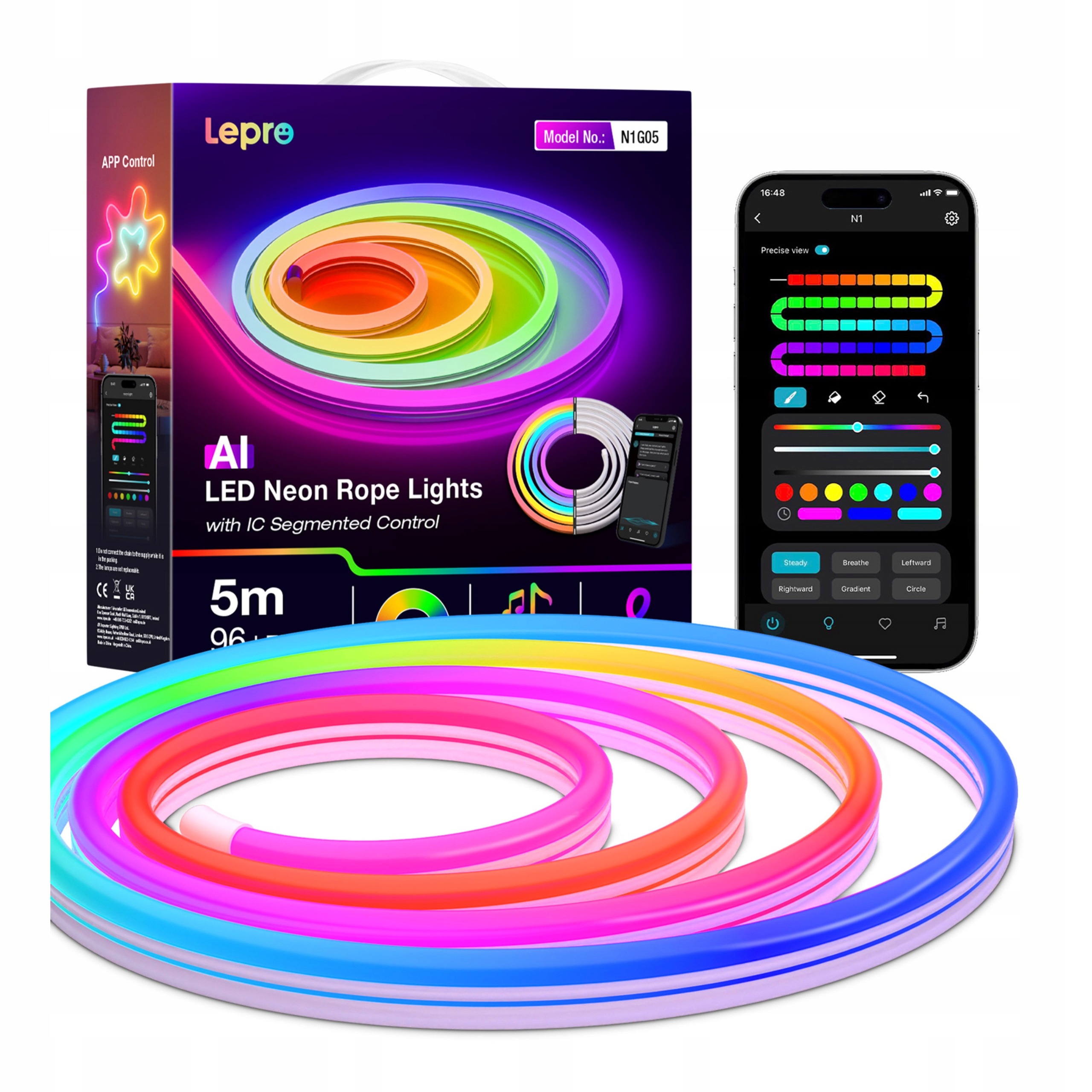 Lepro N1-5 Inteligentní Led pásek vícebarevný 5 m Rgb Wi-Fi Bluetooth Ai