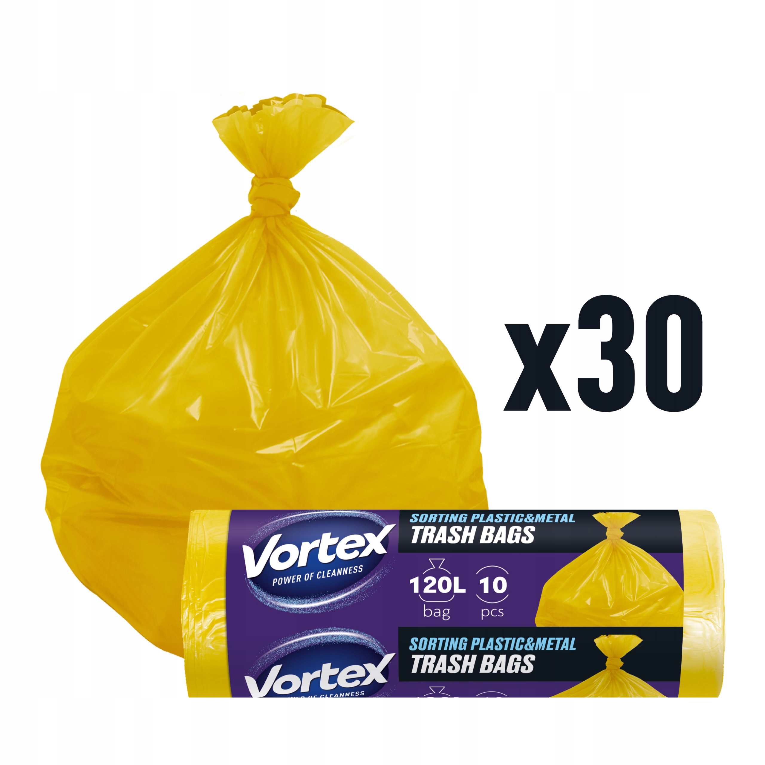 Levně Silné Pytle Na Odpadky 120L Dvouvrstvé Odolné Žluté Vortex 30x10 kusů