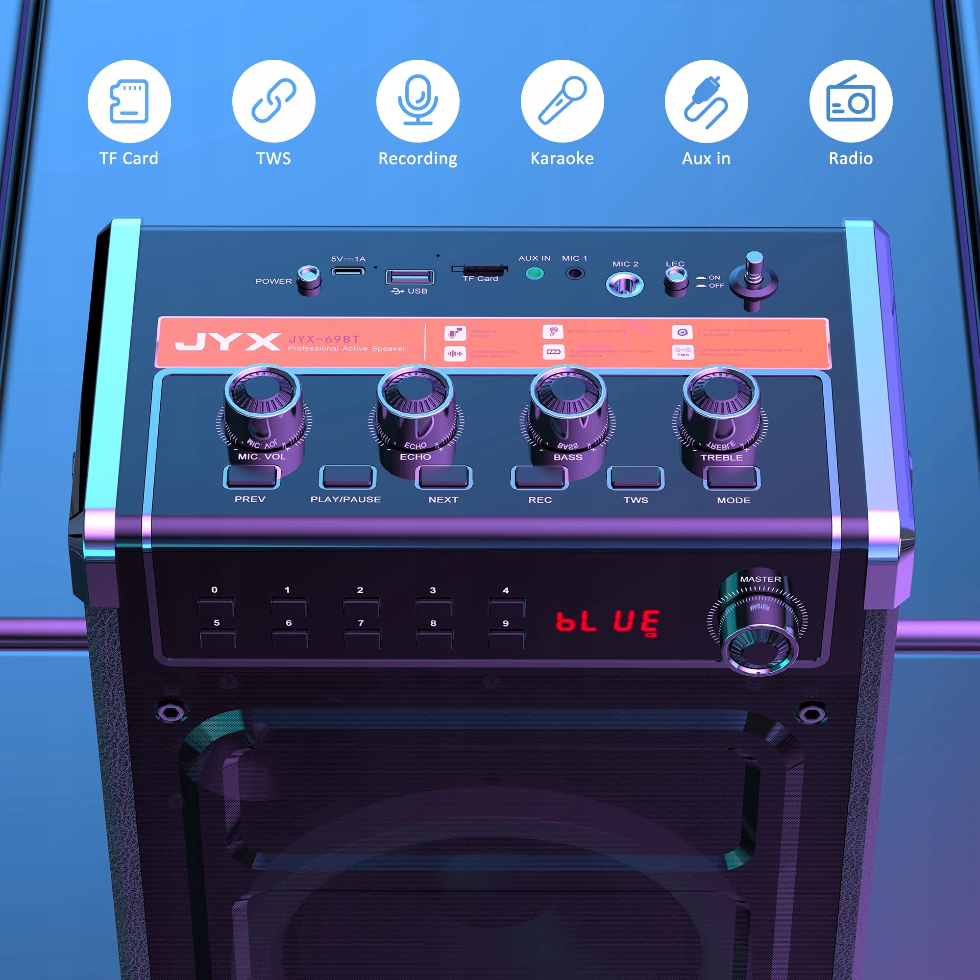 JYX Karaoke Zestaw Bluetooth Głośnik LED Mikrofony Bezprzewodowe PA System — miniatura 3