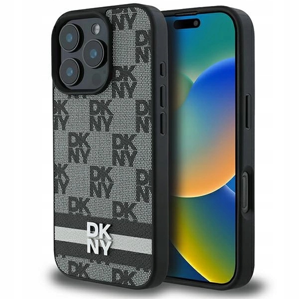 Pouzdro Dkny s kostkovaným vzorem a potiskem pruhů pro iPhone 16 Pro Max černý