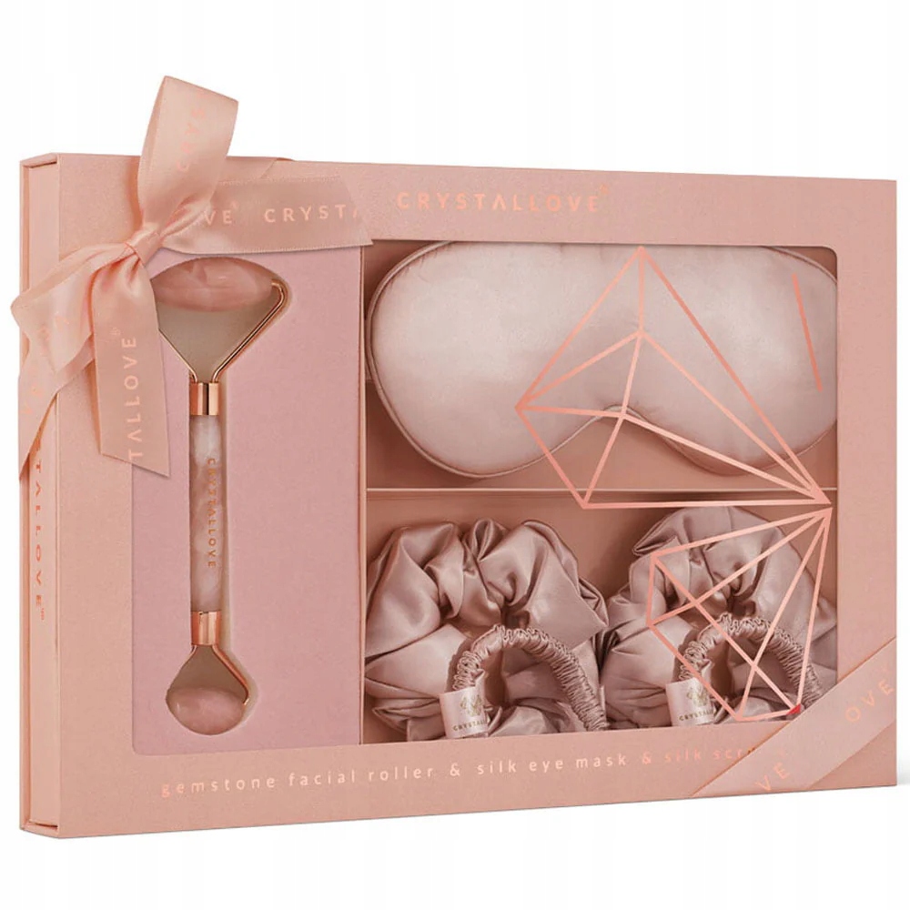 Crystallove Rose quartz home Spa set roller čelenka z hedvábí 4 gumičky