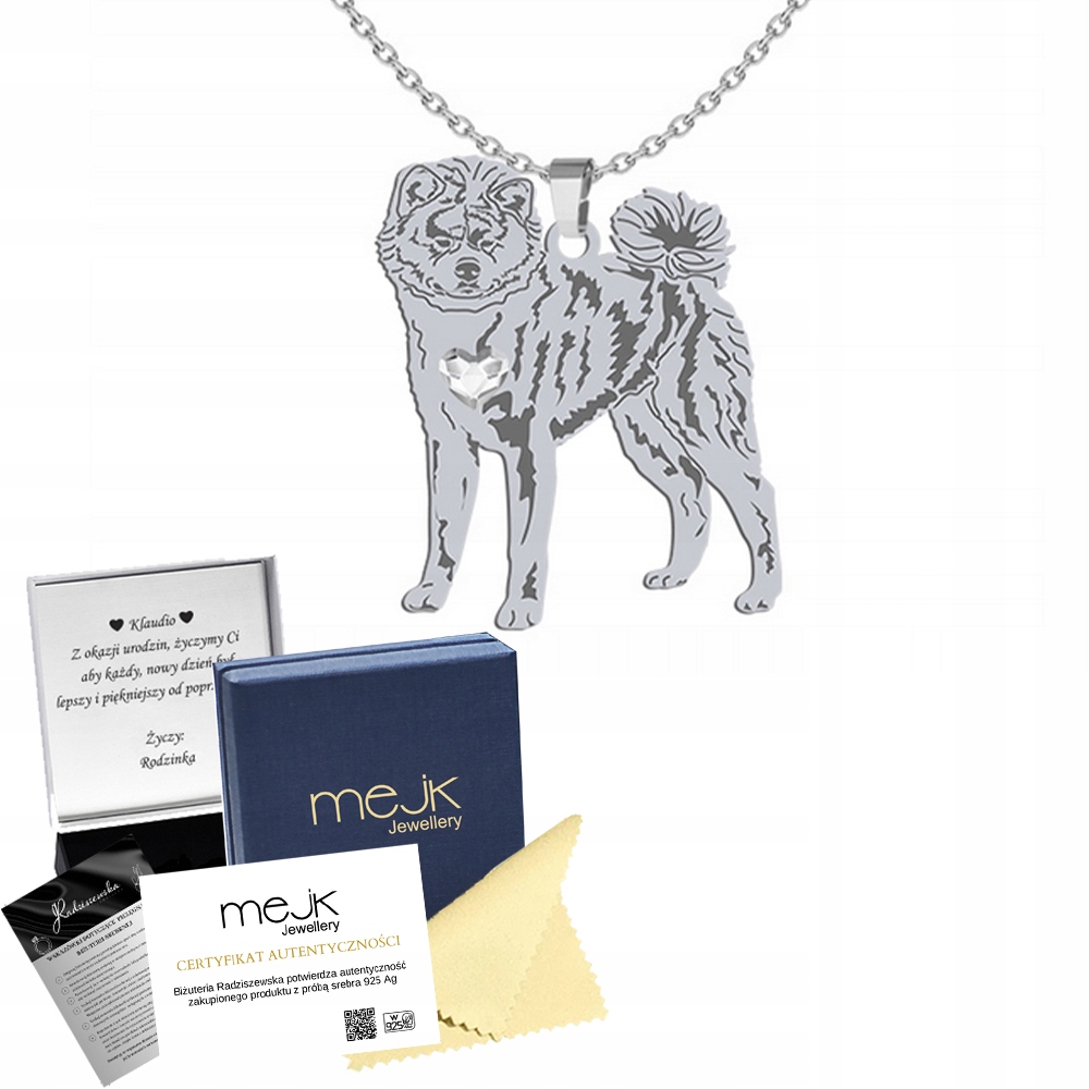 Stříbrný náhrdelník Akita japonská 925 Šperky Řetízek Gravírování Bonus