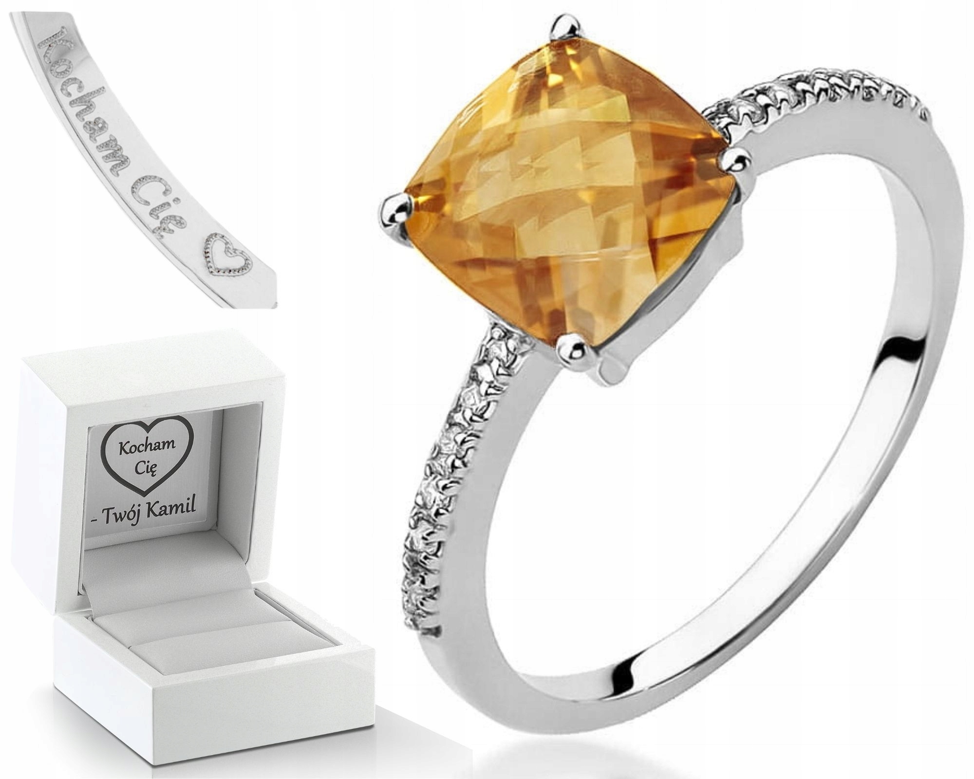 Bílé Zlato Prstýnek Citron Diamanty Gravírování 585 Bonus Dárek