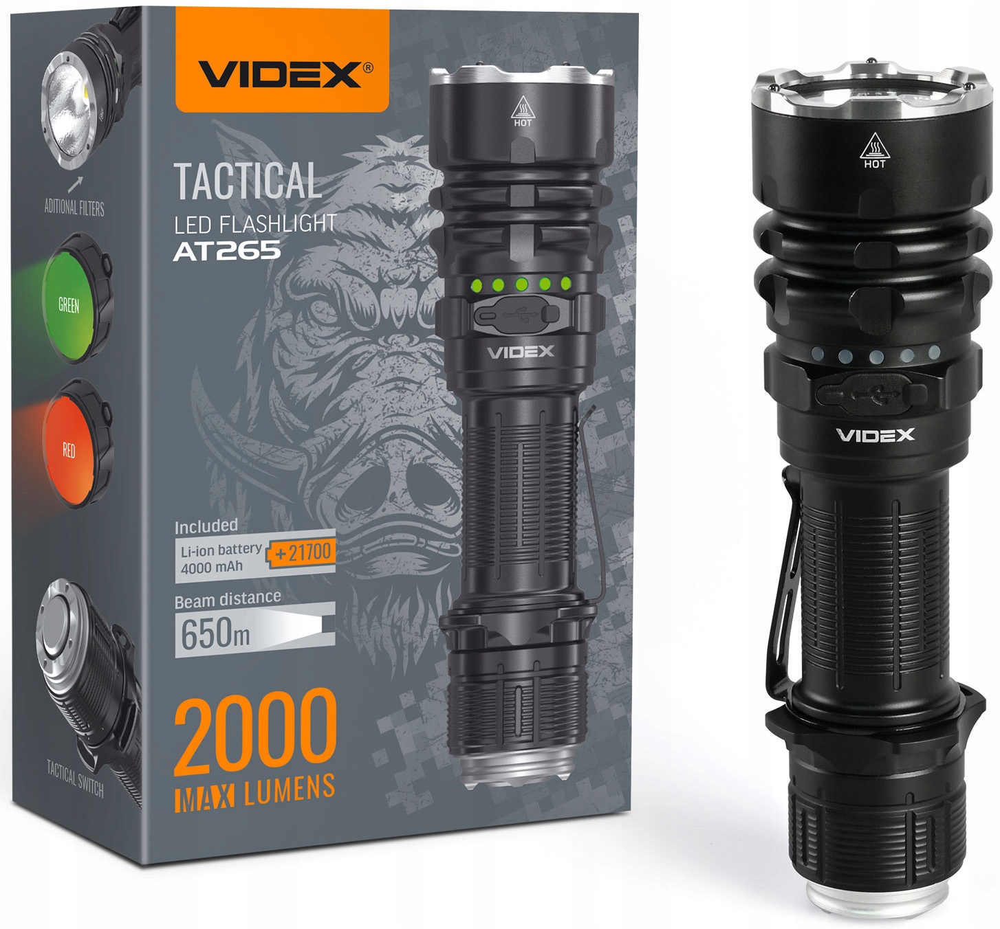 Przenośna taktyczna latarka Led Videx VLF-AT265 2000Lm 6500K 20W Usb-c