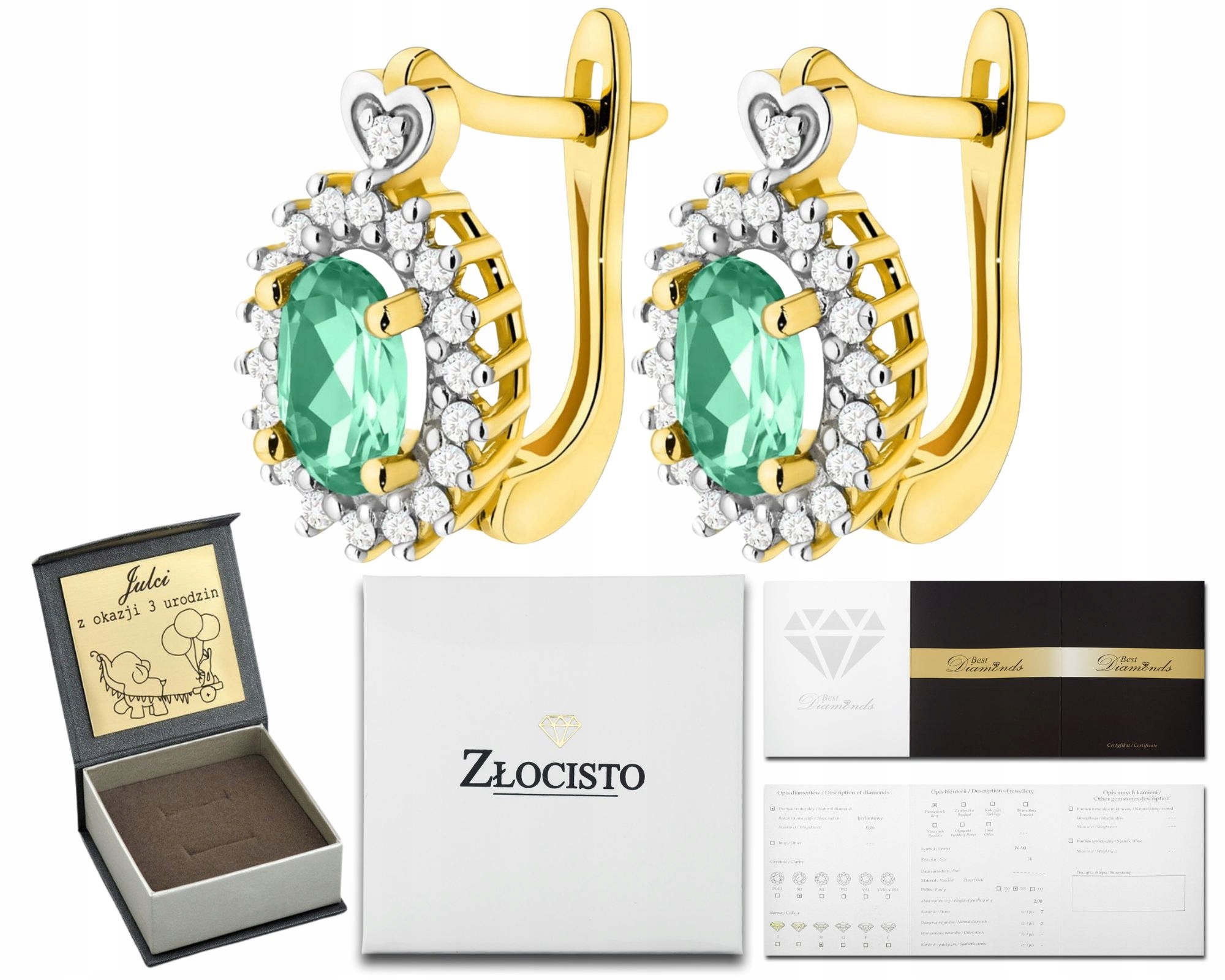 Zlaté Náušnice Se Zelenými Smaragdy A Diamanty, Anglické Zapínání