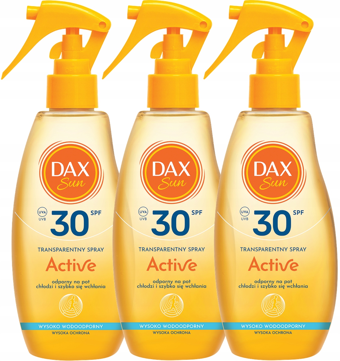 3 ks Transparentní ochranný sprej Active SPF30 200 Ml Dax Sun Lehké složení