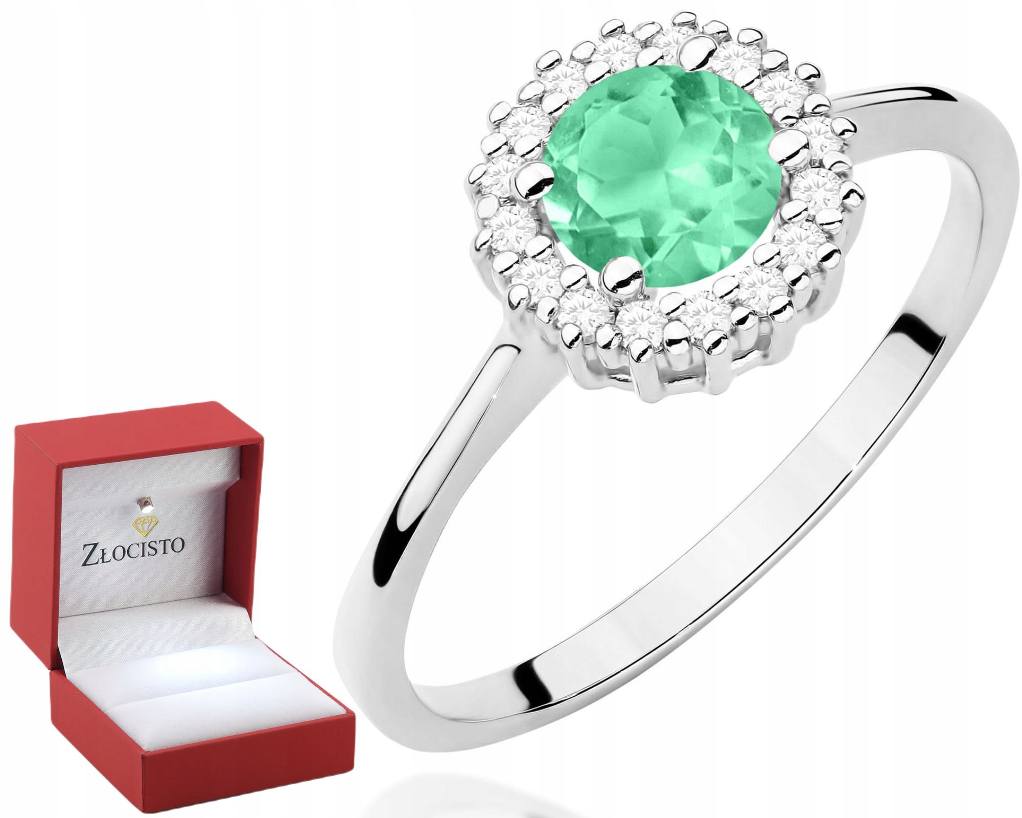 Bílé Zlato Prstýnek Smaragd Zelený Diamant Gravírování Bonus 585 Dárek