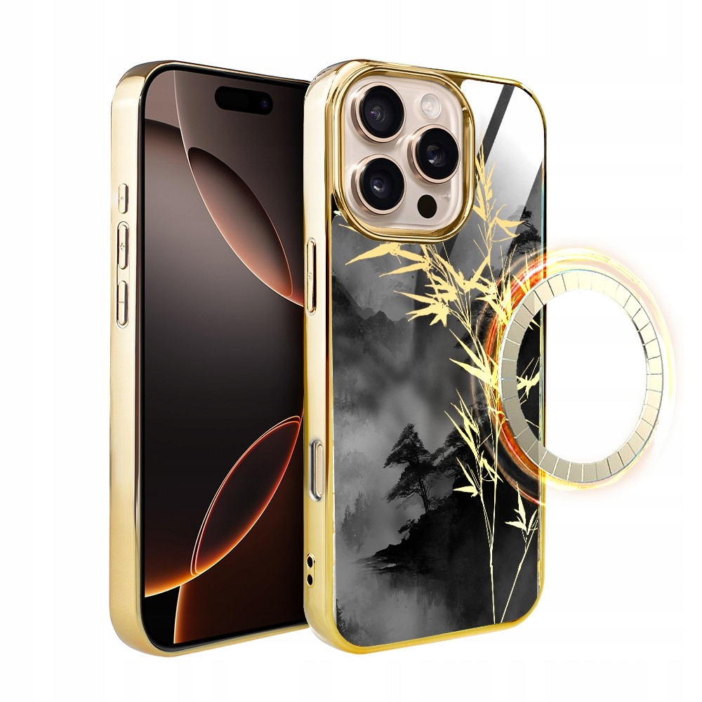 Etui do iPhone 16 Pro Max, Elite Glass z MagSafe, Azja, Złoty bambus, złote