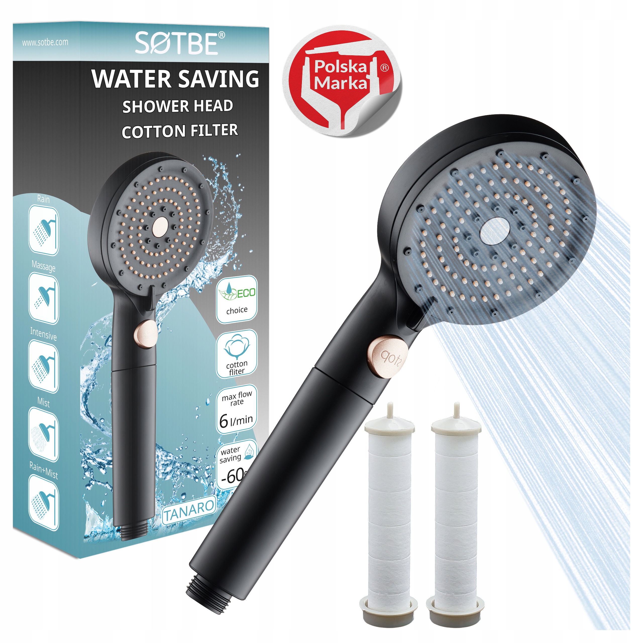 Eco sprchová hlavice 5funkční Černá, vyměnitelný filtr 2ks, Silná