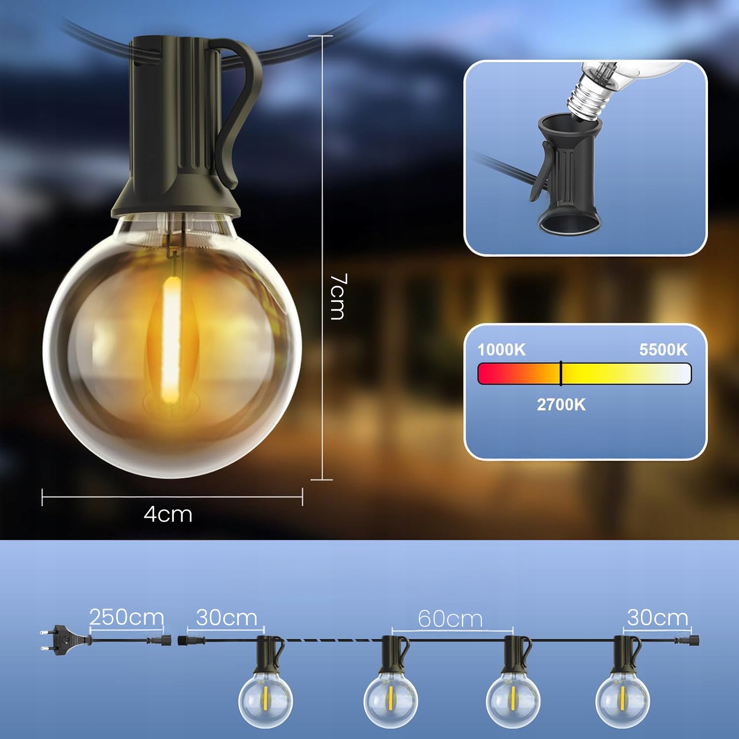 Girlanda Ogrodowa Świetlna 15M 25X Żarówka LED E12 Pilot Ściemniana Łańcuch