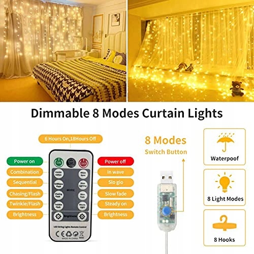 WALCHO Kurtyna Zasłona Girlanda Świetlna Lampki 144LED 2,4x1,8m — miniatura 4