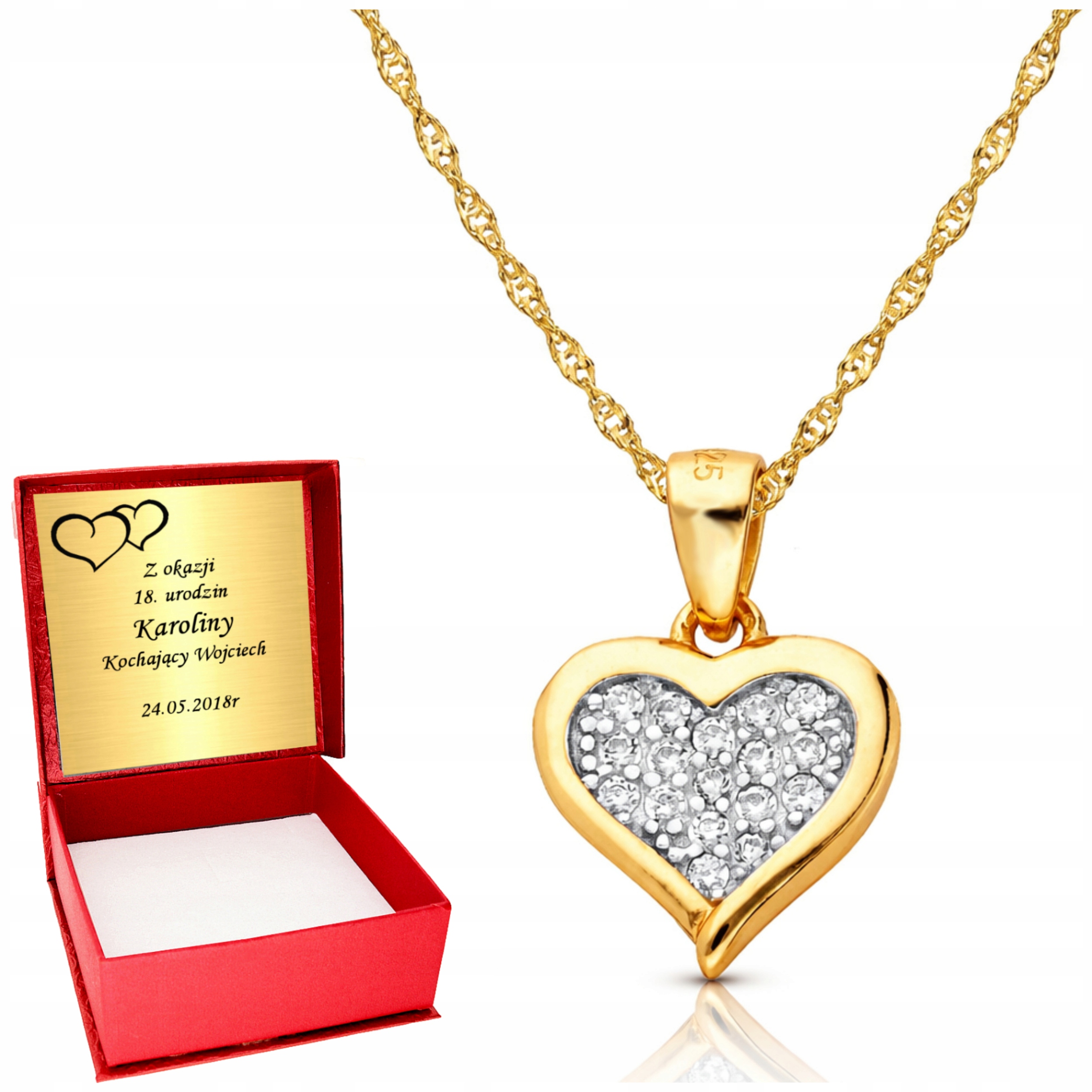 Złoty Łańcuszek 925 Damski Naszyjnik Serce Serduszko Dzień Kobiet Grawer