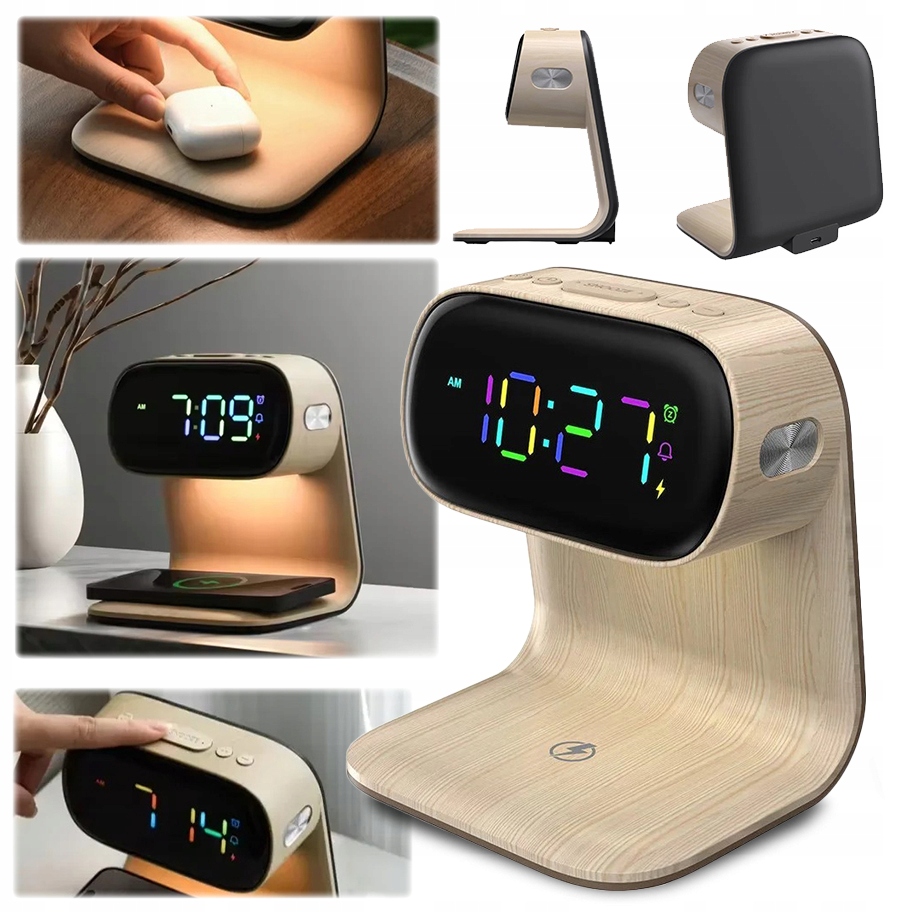 Noční lampa Led stolní na stůl indukční nabíječka Qi 15W budík