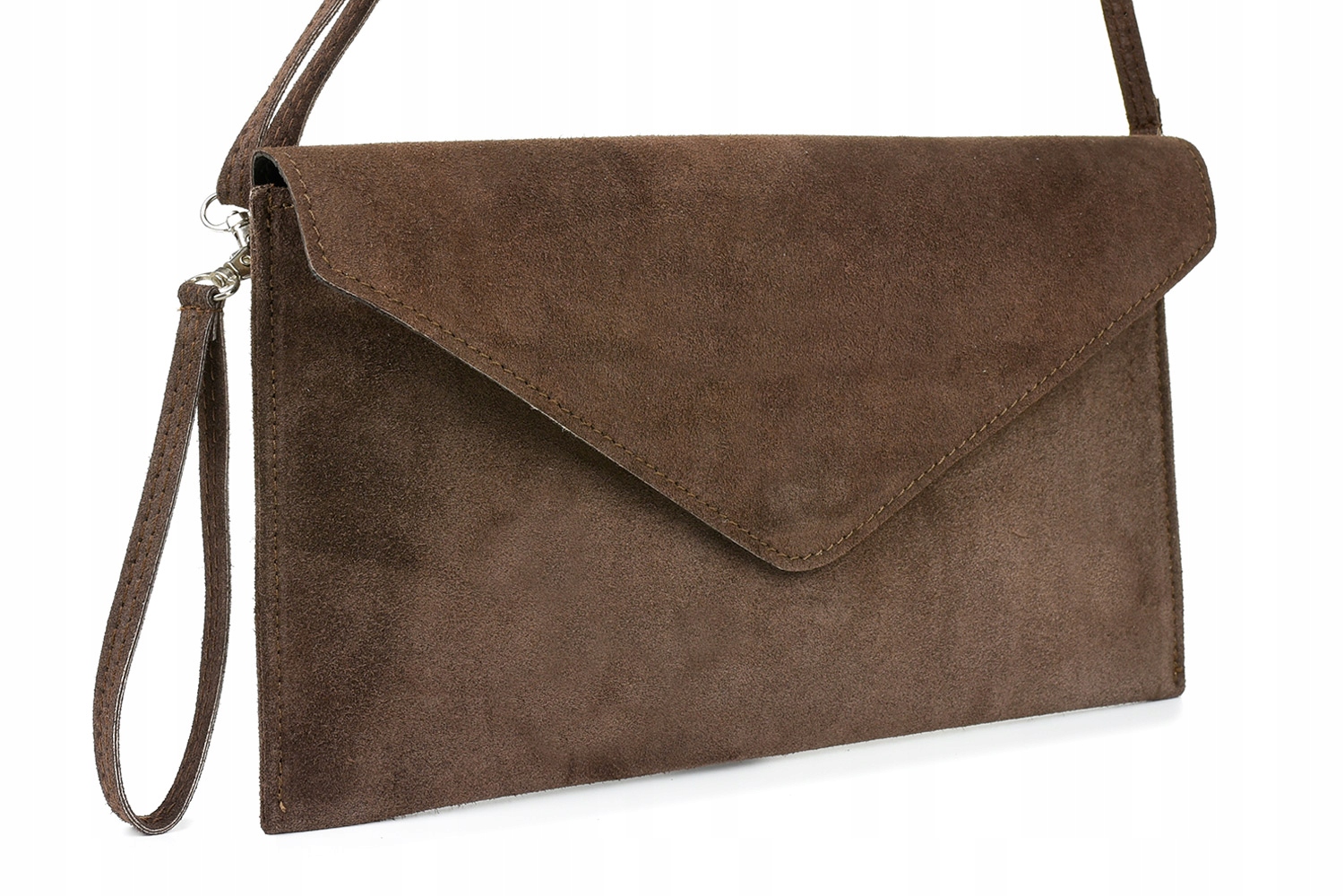 

Brązowa torebka skórzana wizytowa kopertówka zamsz