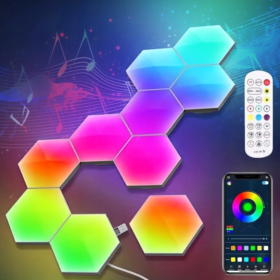 12SZT Lampa Ścienna Gamingowa Hexagon Rgb Modułowa Synchronizuj Muzykę