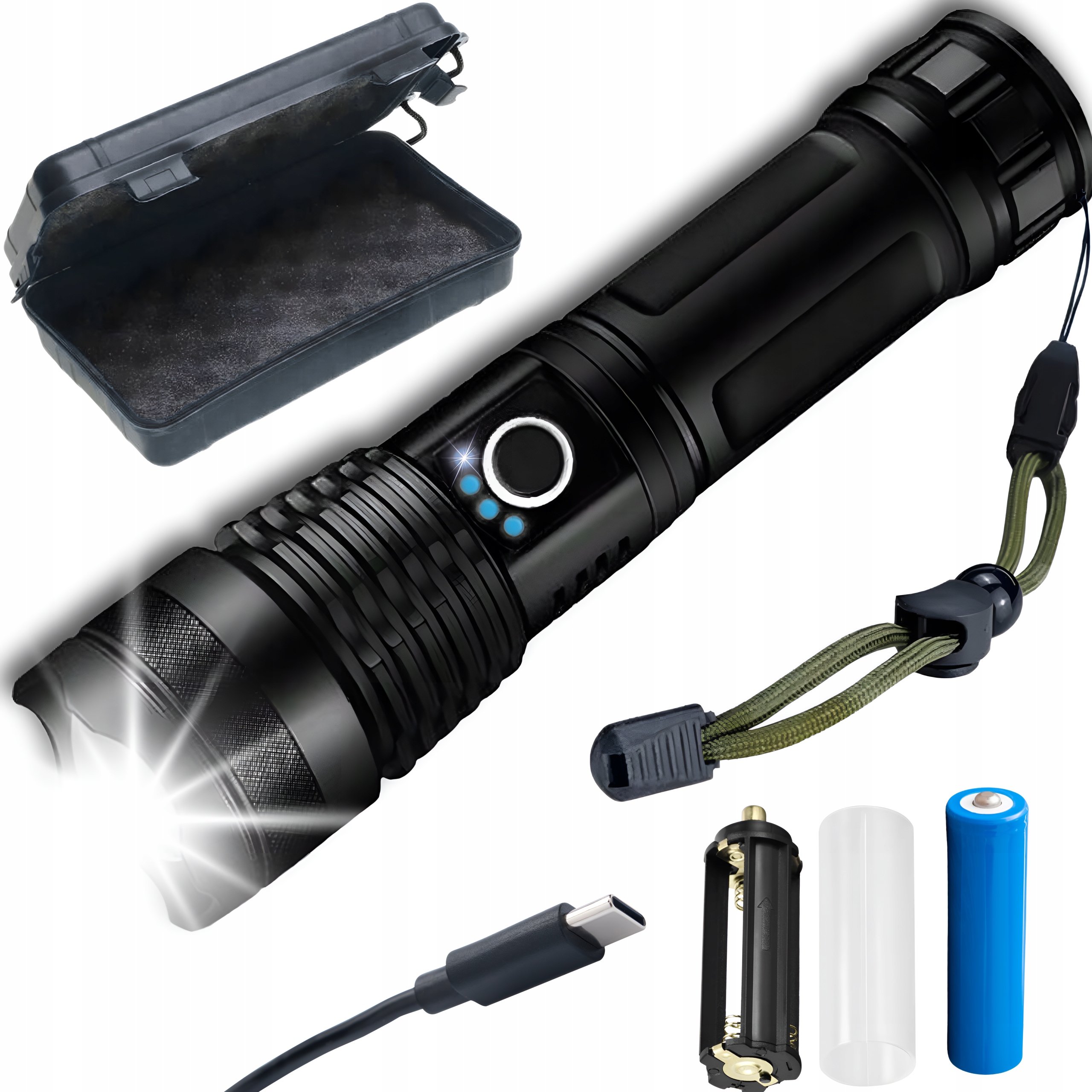 LATARKA LED MOCNA AKUMULATOROWA TAKTYCZNA ZOOM BIWAKOWA USB-C WODOODPORNA Maksymalna siła światła 2000 lm