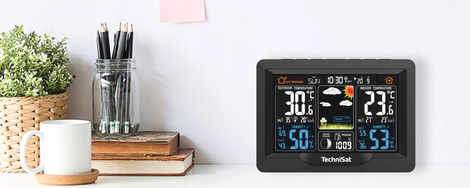 Stacja Pogody Domowa Zegar DCF Budzik Termometr Czujnik Zewnętrzny Zasilacz Marka TechniSat