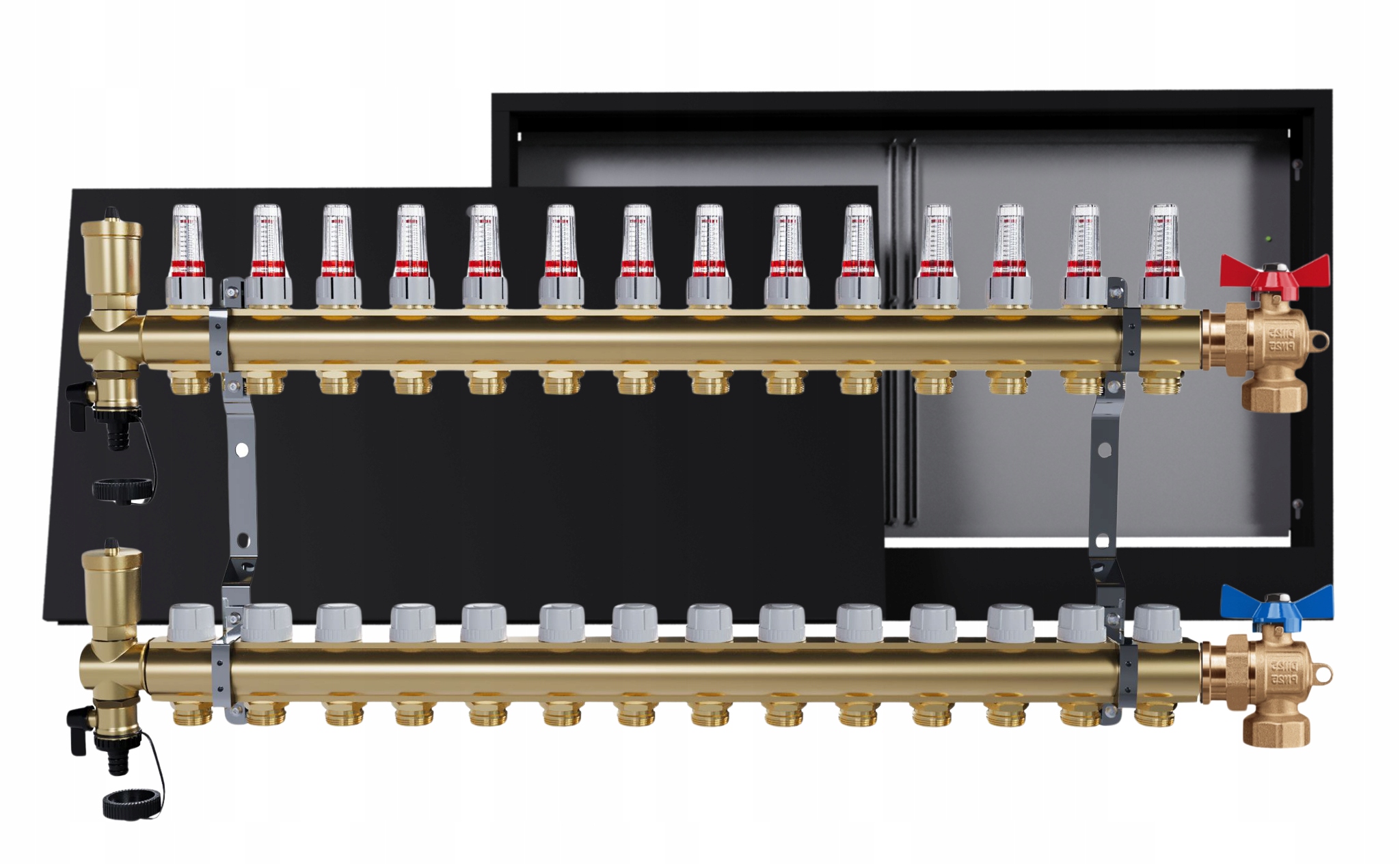 Rozdělovač mosazný podlahový 14 okruhů nástěnná skříňka černá ventily