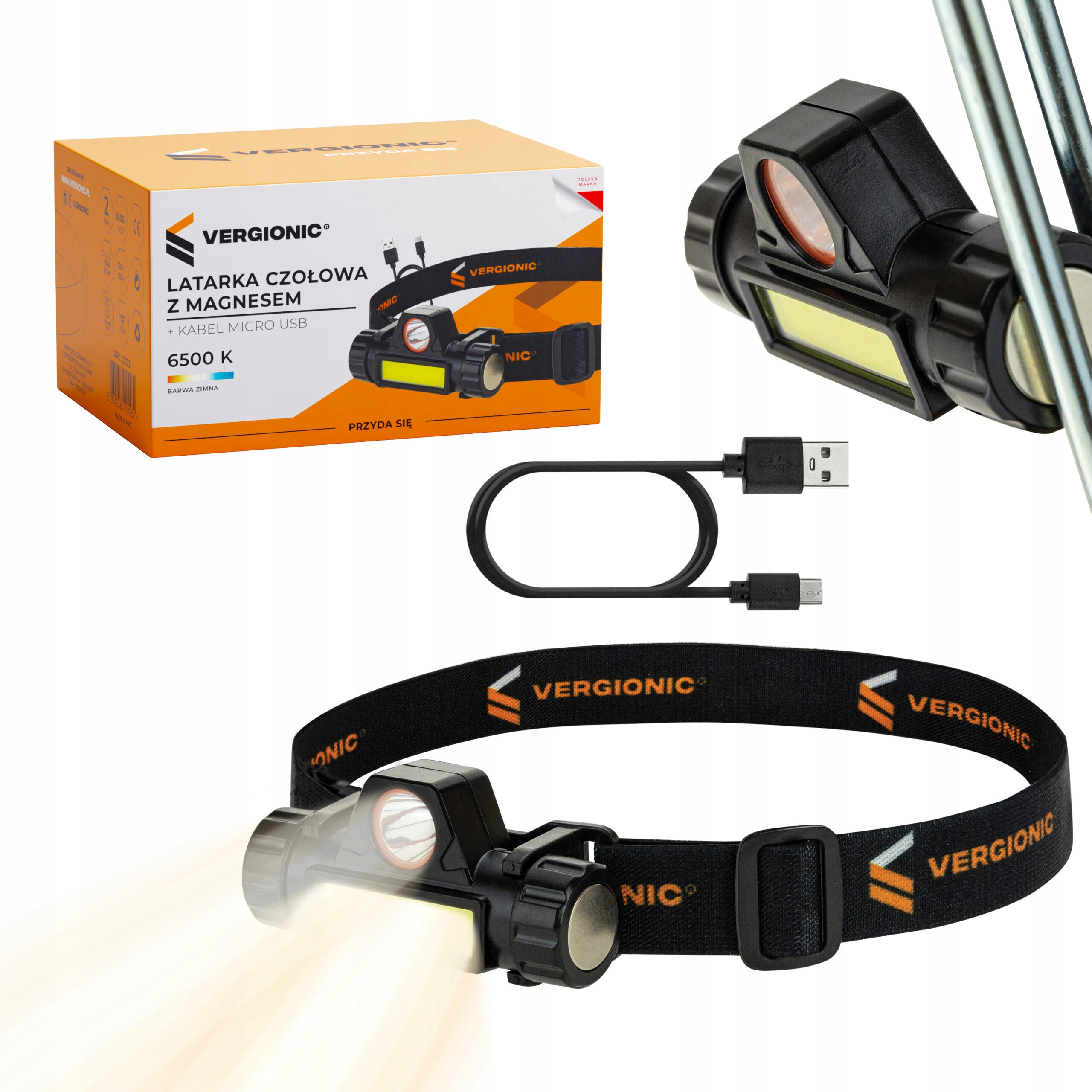 Latarka czołowa czołówka na USB z magnesem LED COB