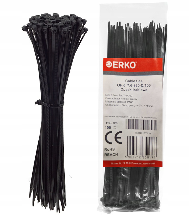Opaski Kablowe Zaciskowe Czarne Trytki Trytytki 7,6x360 Erko 100 Sztuk