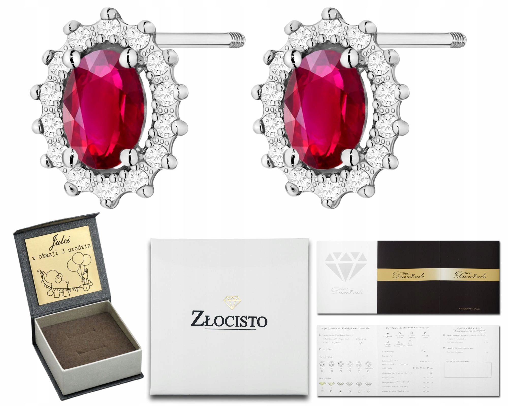 Bílé Zlato Náušnice Přírodní Kámen Rubín Diamanty Zlato 585 14K Dárek