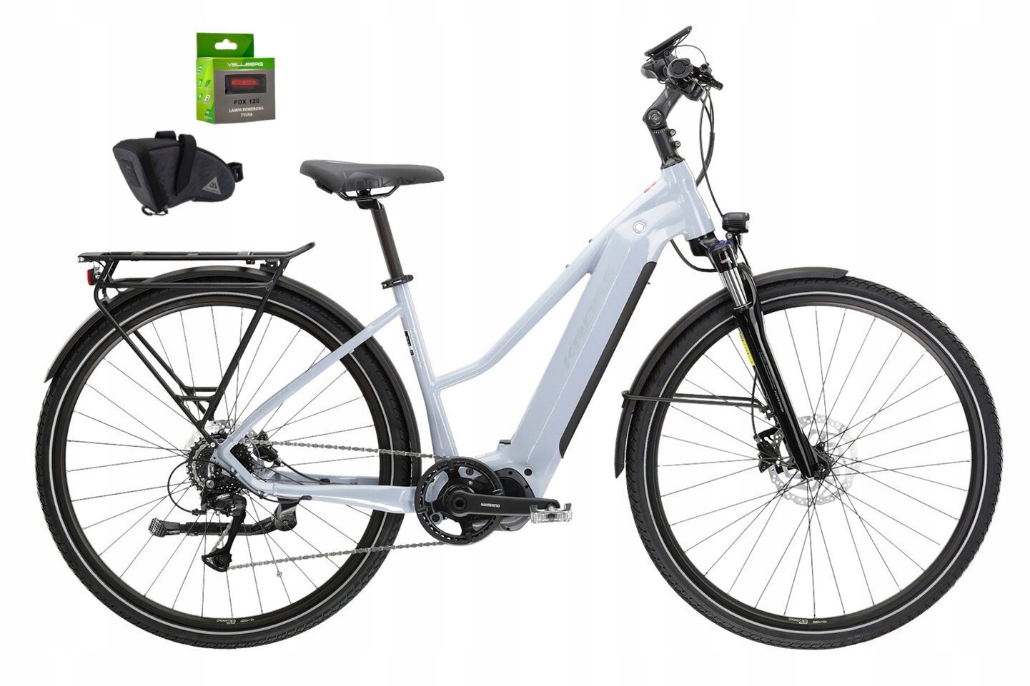Rower Damski Elektryczny Kross Trans Hybrid 4.0 sakwa lampka