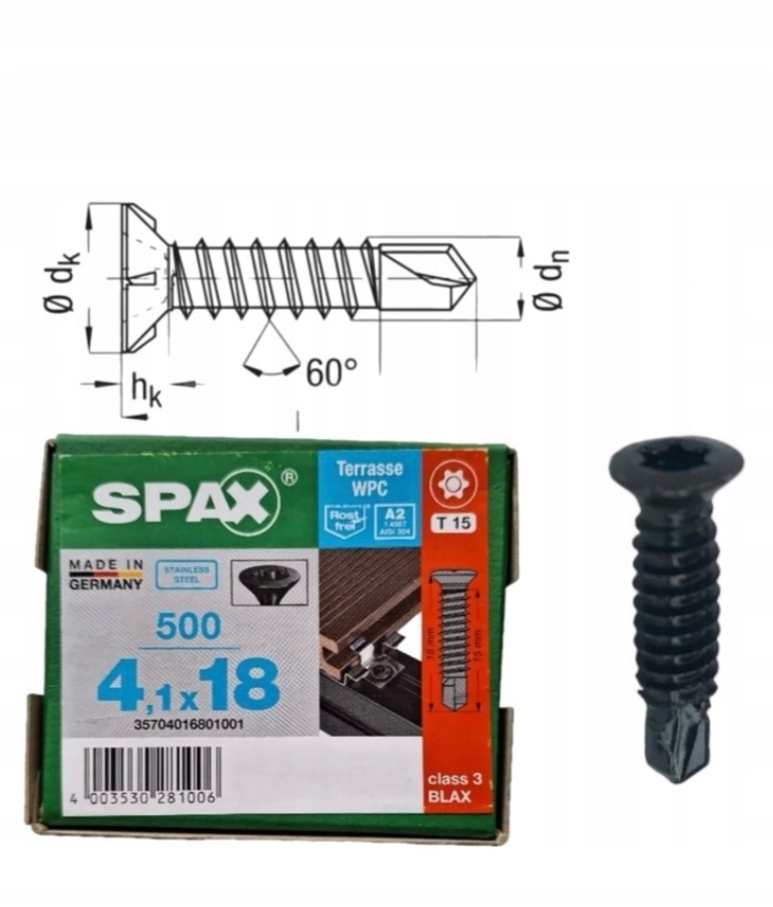 Wkręty Tarasowe Alu 4,1 x 18 A2 Tx 500 szt Torx Spax do Deski Kompozytowej