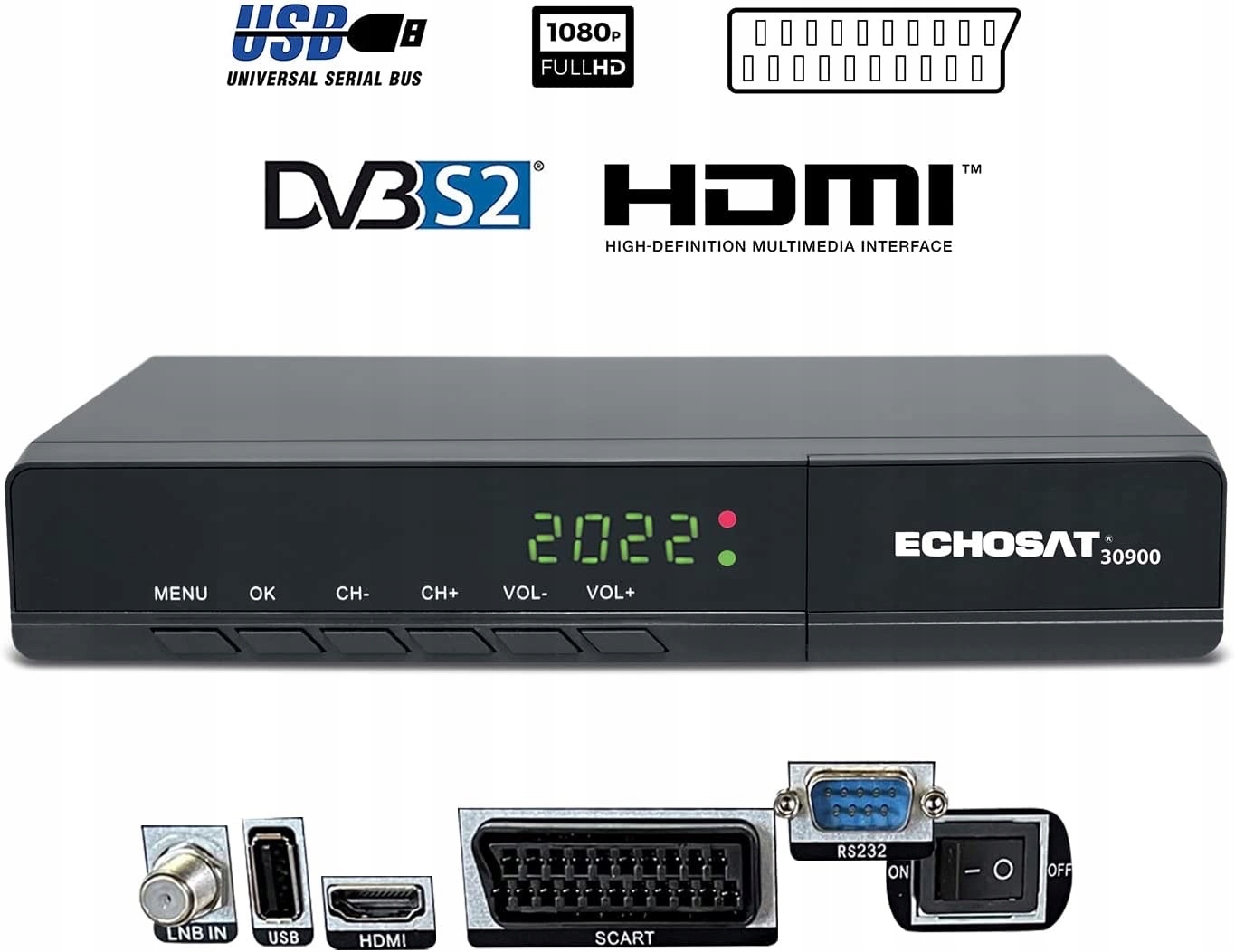Tuner dekoder satelitarny DVB-S, DVB-S2 Echosat 30900 Stan opakowania oryginalne