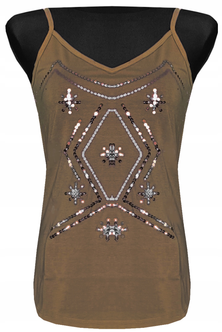 KOSZULKA DAMSKA BLUZKA TOP NA RAMIĄCZKA CEKINY BRĄZOWA XL 42 MODEL:108F