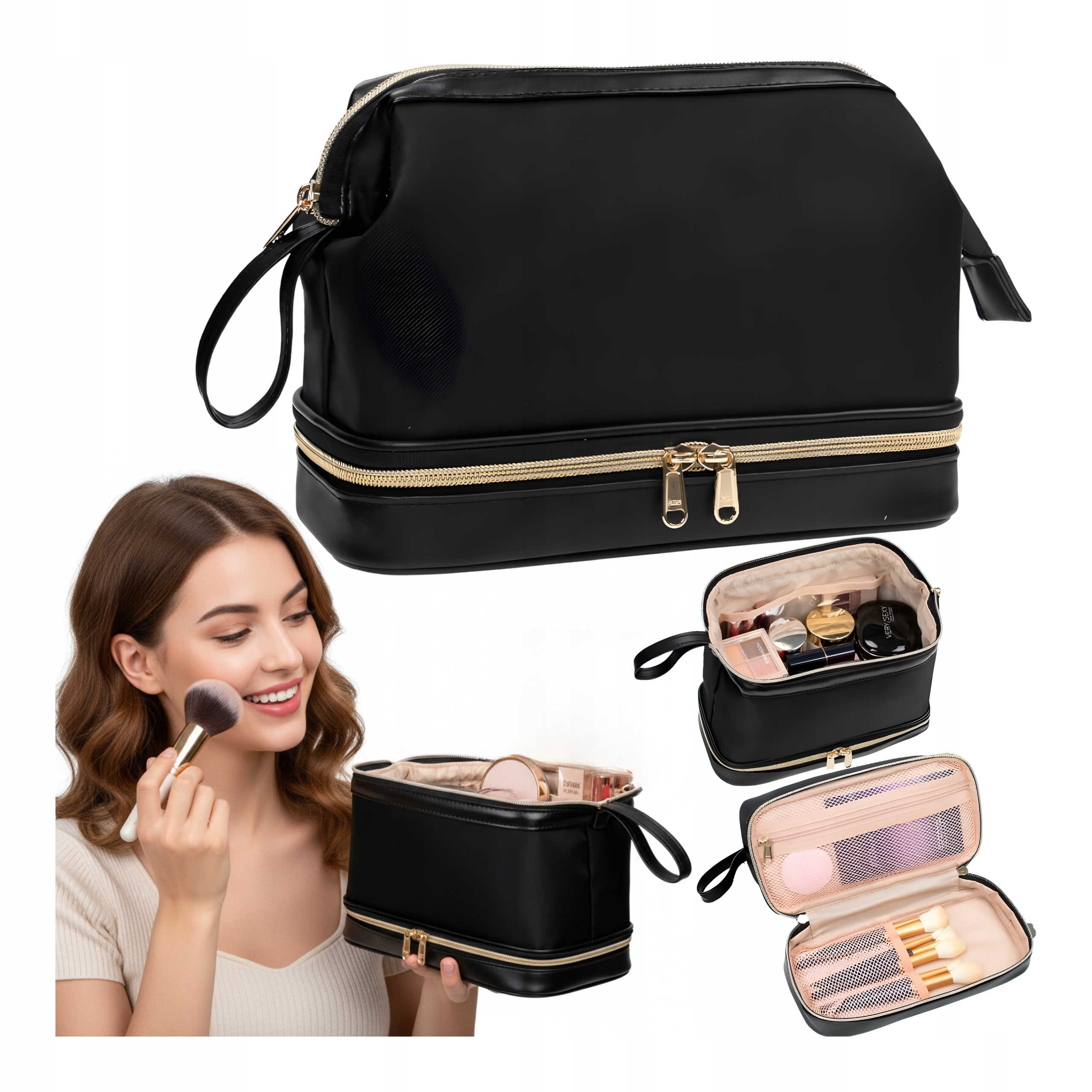 Kosmetyczka Damska Podróżna Kuferek z Uchwytem Czarna Pojemna Beauty Pretty