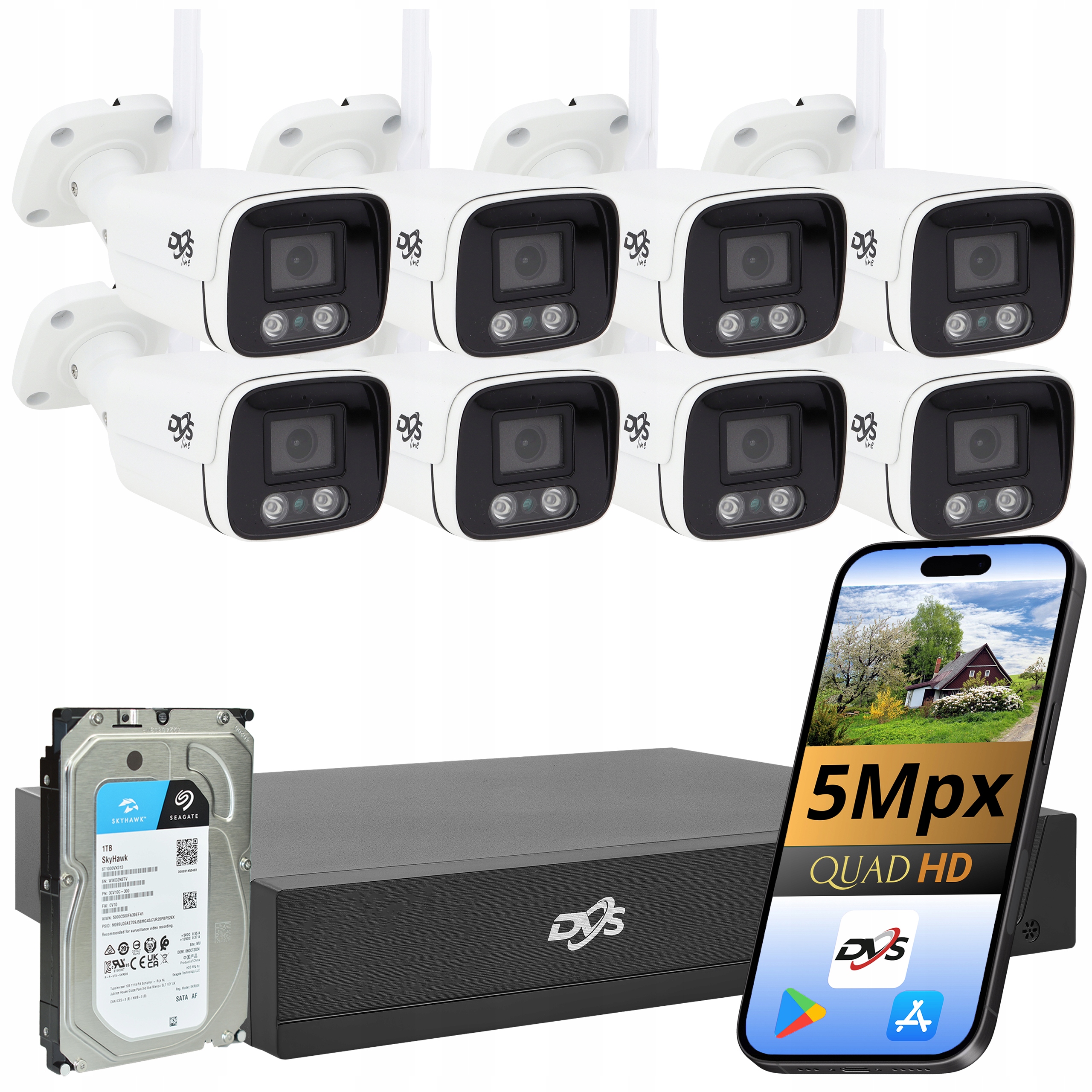 Sada Kamer Wifi 5Mpx Bílá Tuba 8 Bezdrátové Kamery Pro Monitorování 1TB