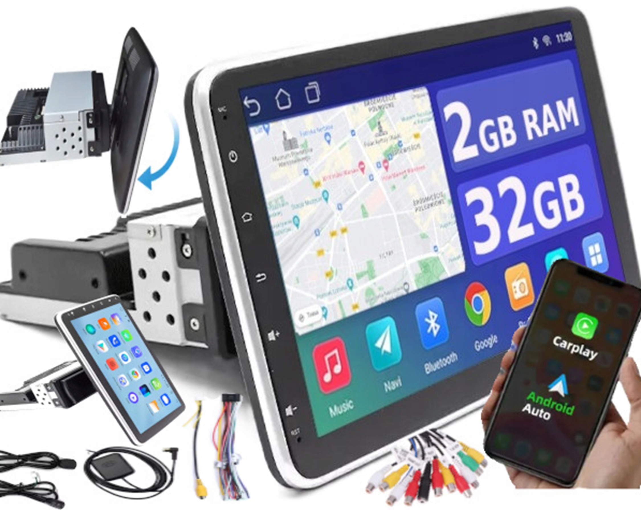 Radio Samochodowe 1DIN 9'' 2/32GB AndroidAutoCarPlay RDS BT USB WiFi OBRÓT