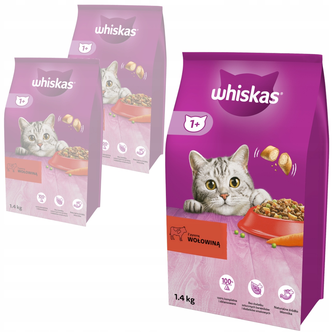 Whiskas Adult Suché Krmivo Pro Kočky s hovězím masem 3x1,4 kg
