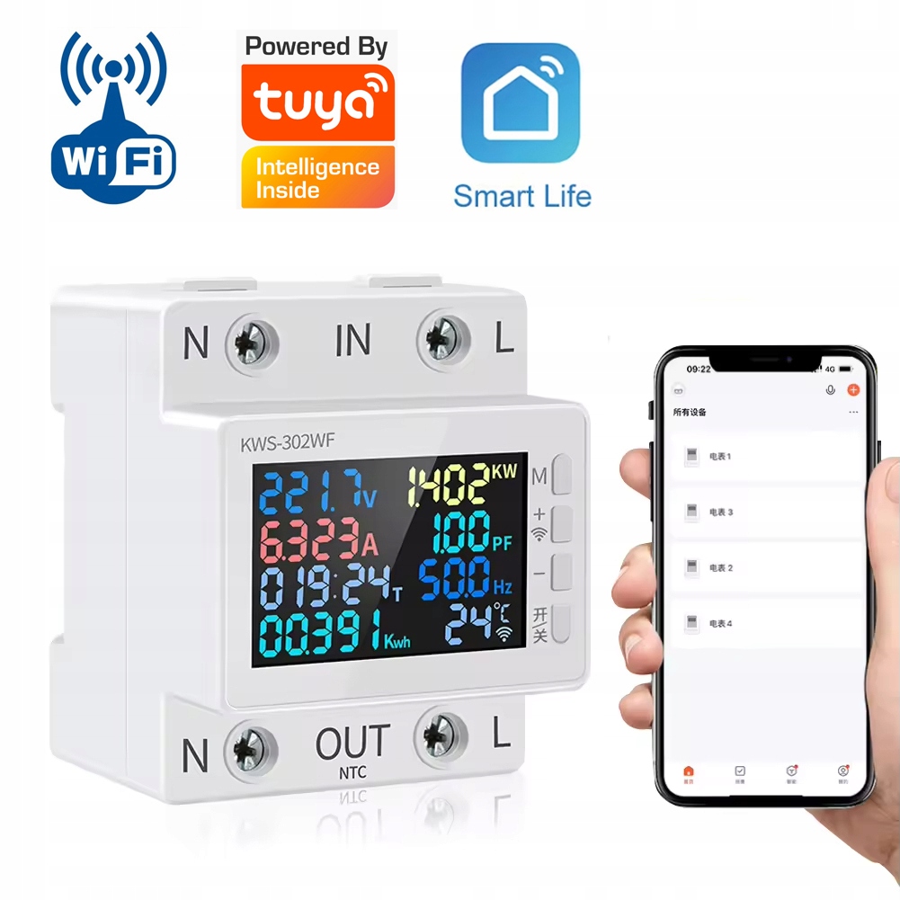 Inteligentny licznik energii prądu watomierz przekaźnik 63A LCD Tuya WiFi