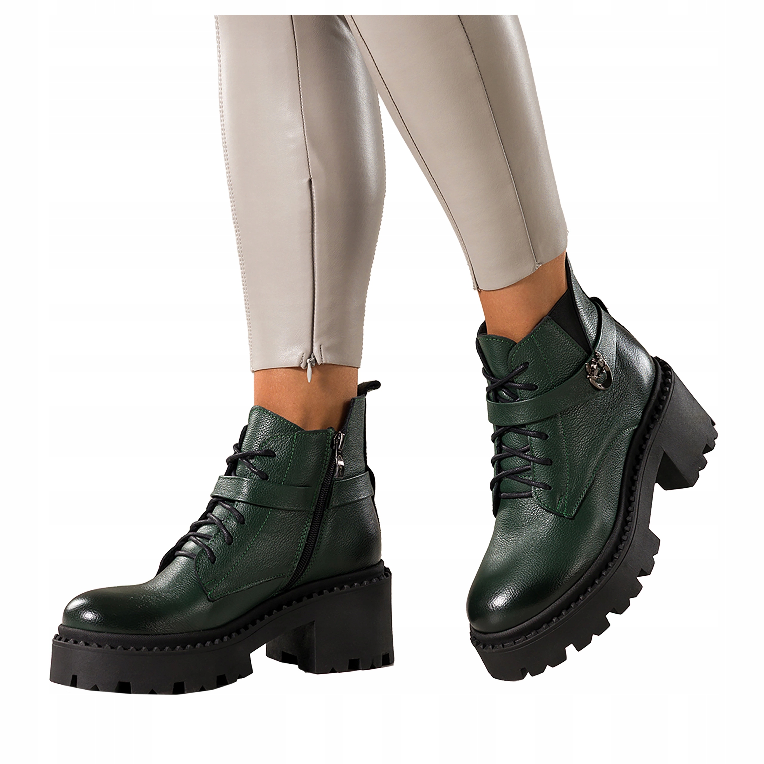 Kotníkové Boty Zelené Kožené Dámské Workery Pohodlné Platforma Šněrovací velikost 38