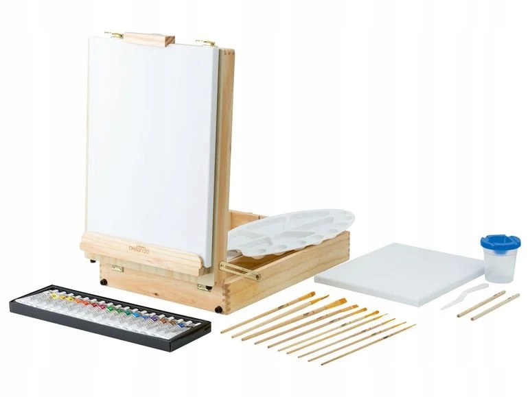 SZTALUGA STOŁOWA WALIZKA 52 ELEMENTY FARBY PĘDZLE walizka artystyczna