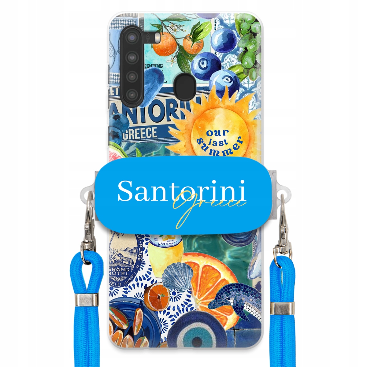 Puzdro pre Samsung A21 Modré Crossbody vodítko držiak Santorini Sea Vibes