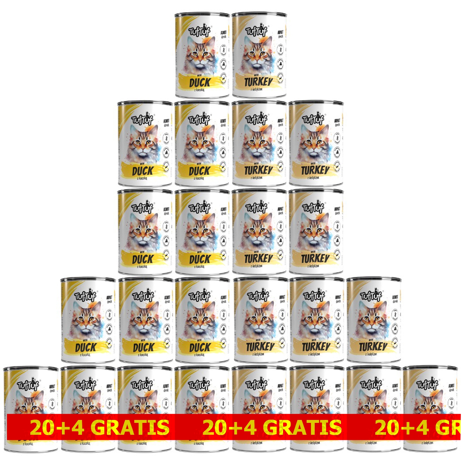 Levně Krmivo Mokré Pro Kočky Tuftuf Set 24x400G Drůbež MIX Chutí 20+4 Bonus