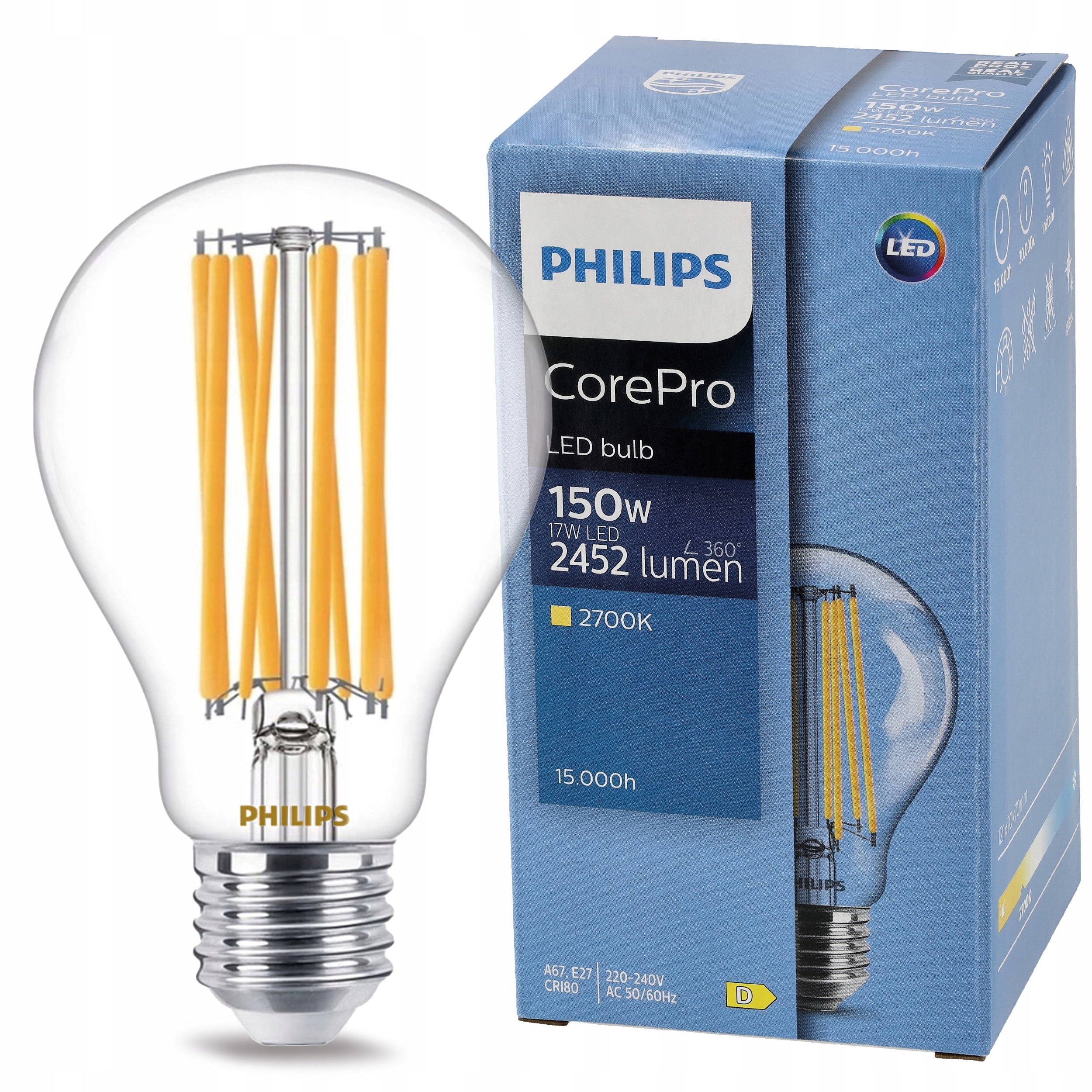 10 x Led žiarovka E27 Filament 17W 150W 2452lm 2700K Teplá Philips CorePro