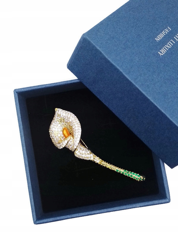 Luxusní Brož Květ Lilie Kala Zlatá 14K Gp Květina Krabička Jako Dárek