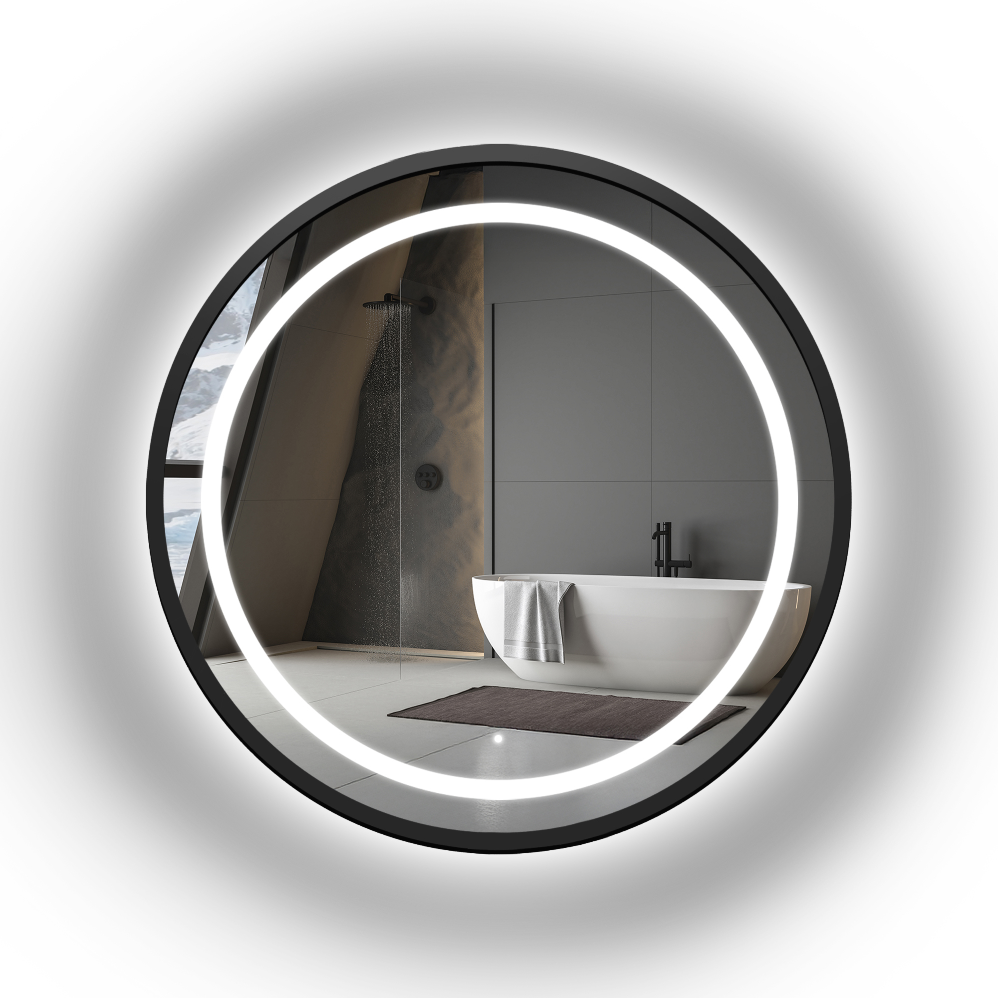 Zrcadlo kulaté pískované v černém rámu s Led podsvícením Laura Fi 173