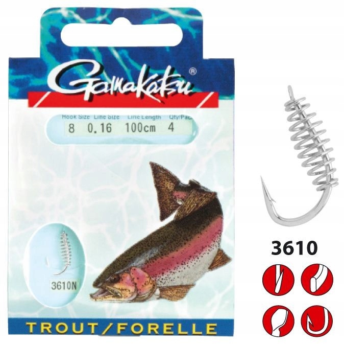 Gamakatsu Booklet Trout Spiral 3610N r.2 0.25mm 60cm przypony 4szt.