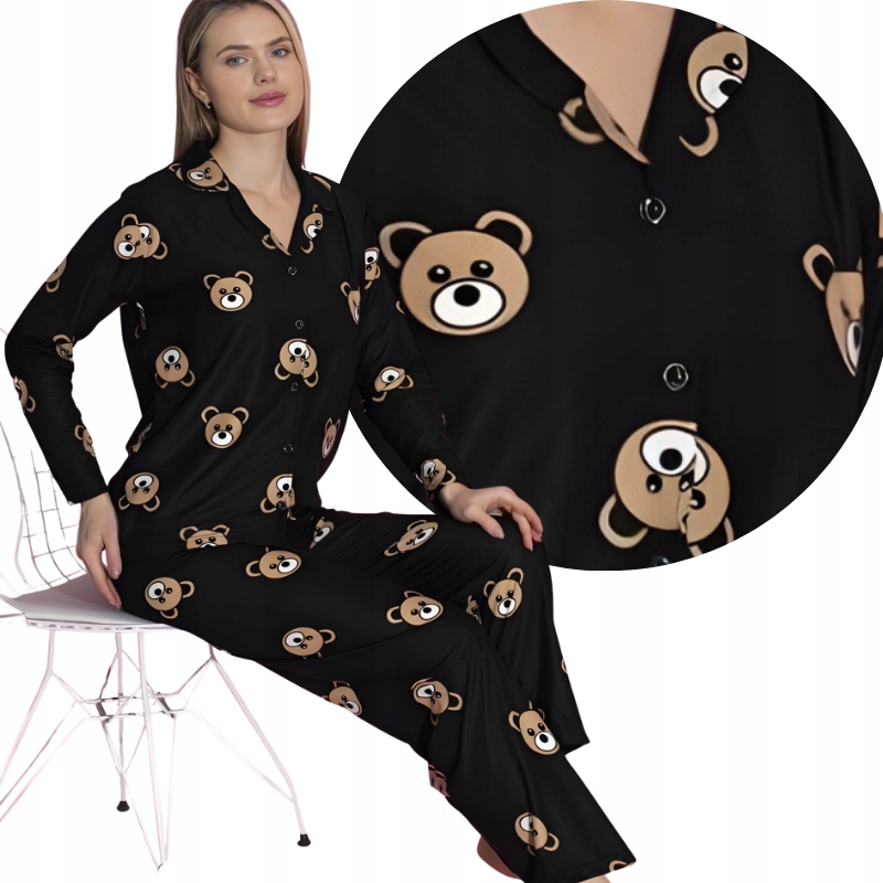 Piżama Dwuczęściowa Damska Rozpinana Długi Rękaw Spodnie Bawełna Gudziki