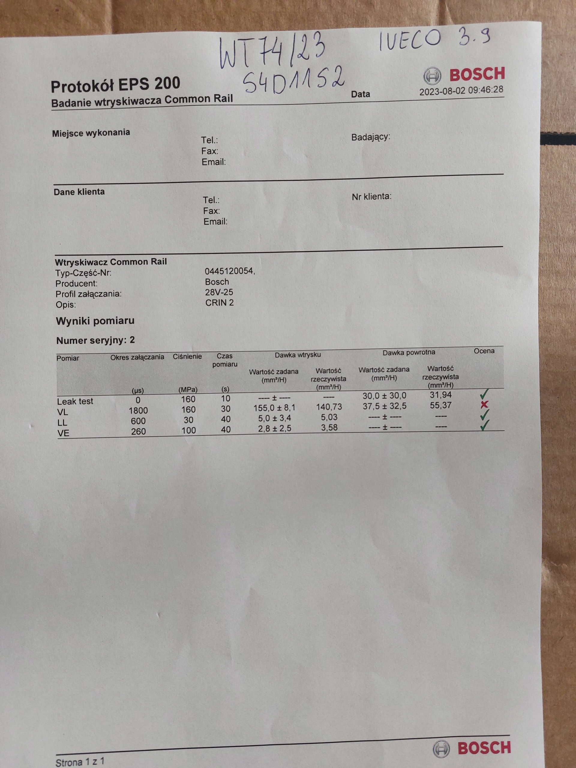 injector IVECO 3.9L BOSCH 0445120054 WYDRUK