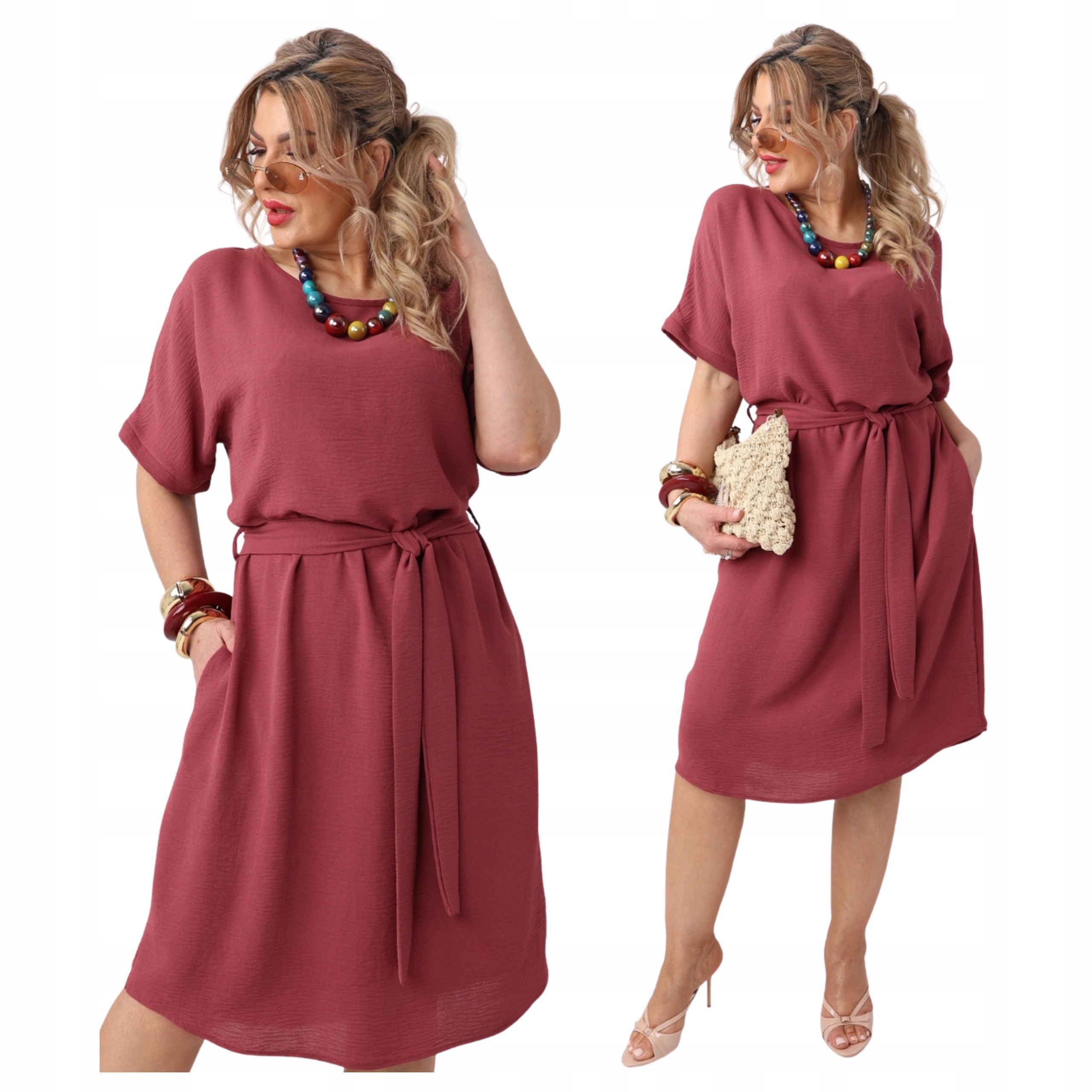 Luźna Sukienka Z Wiązaniem Duże Rozmiary Polski Producent Z Guzikami Z Tyłu